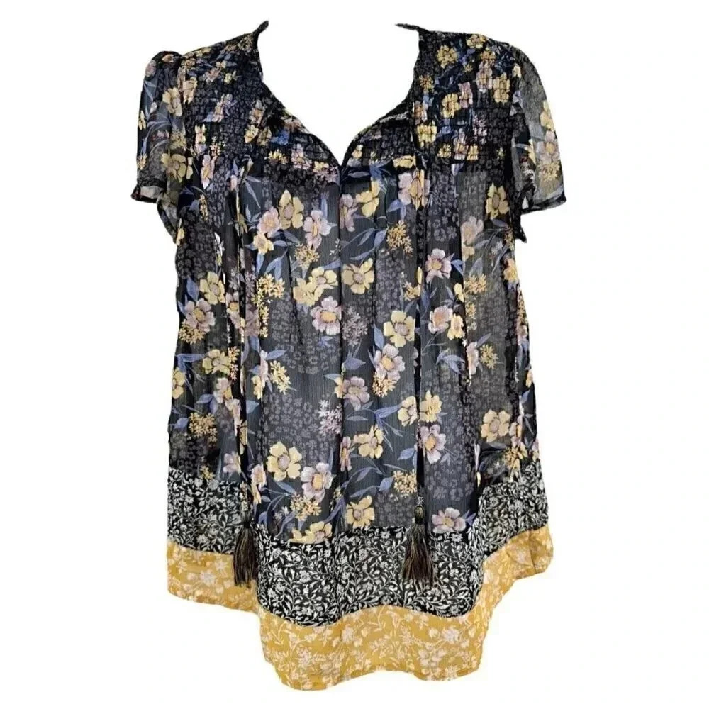 Knox Rose smocked mixed print peasant top short sleeve women’s size Small